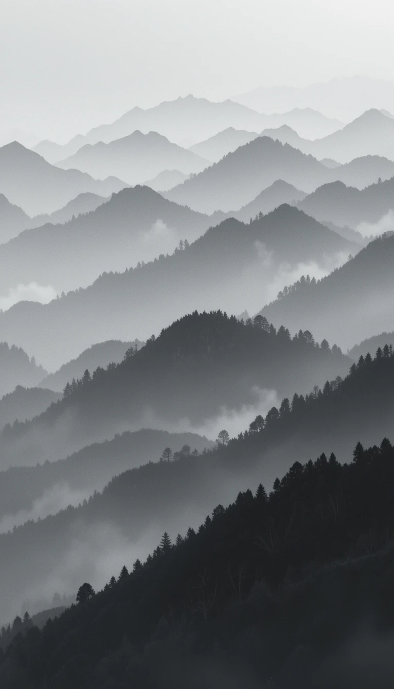Black and White Foggy Forested Mountains Fine Art Photography