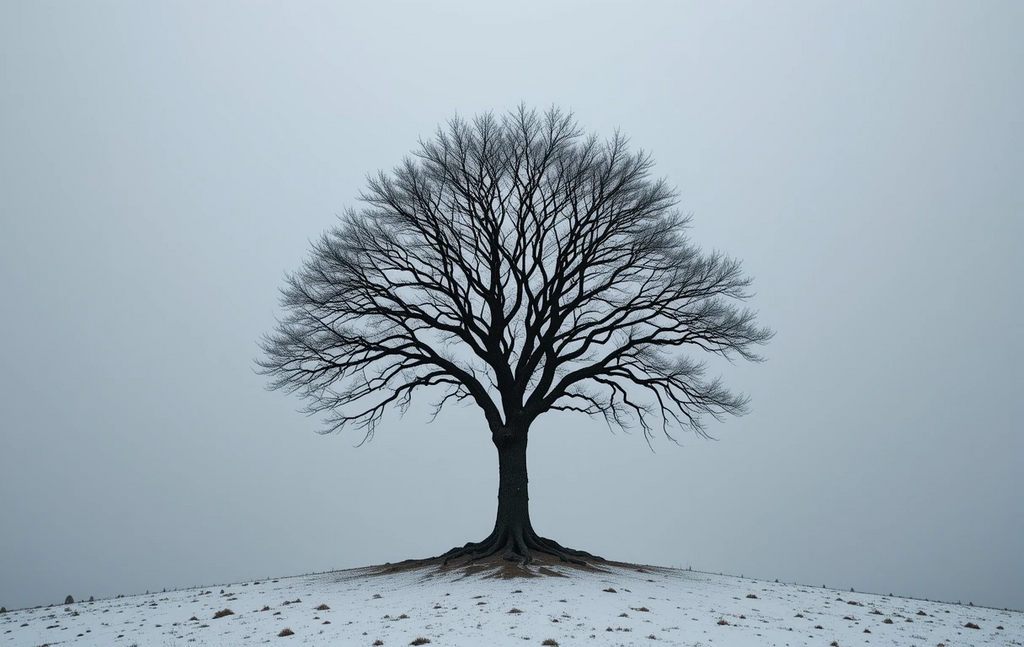 Monochrome Solitary Oak in Snowy Field Photography Print