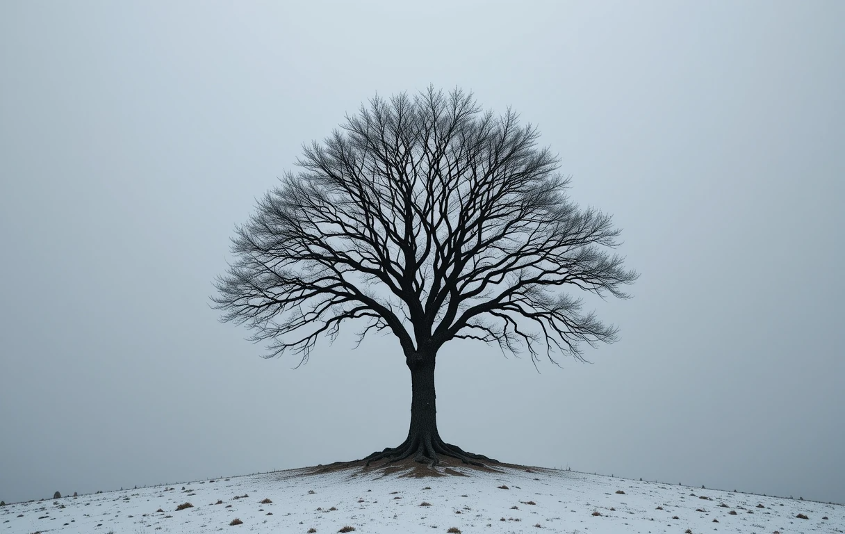 Monochrome Solitary Oak in Snowy Field Photography Print