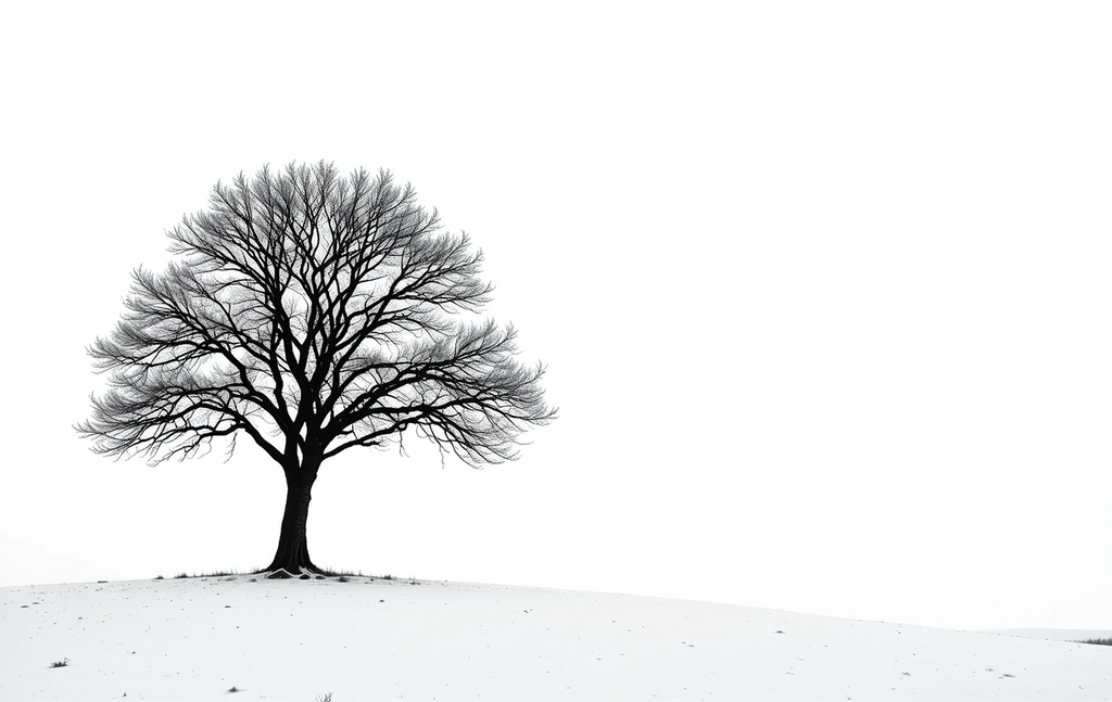 Monochrome Solitary Oak in Snowy Field Photography Print