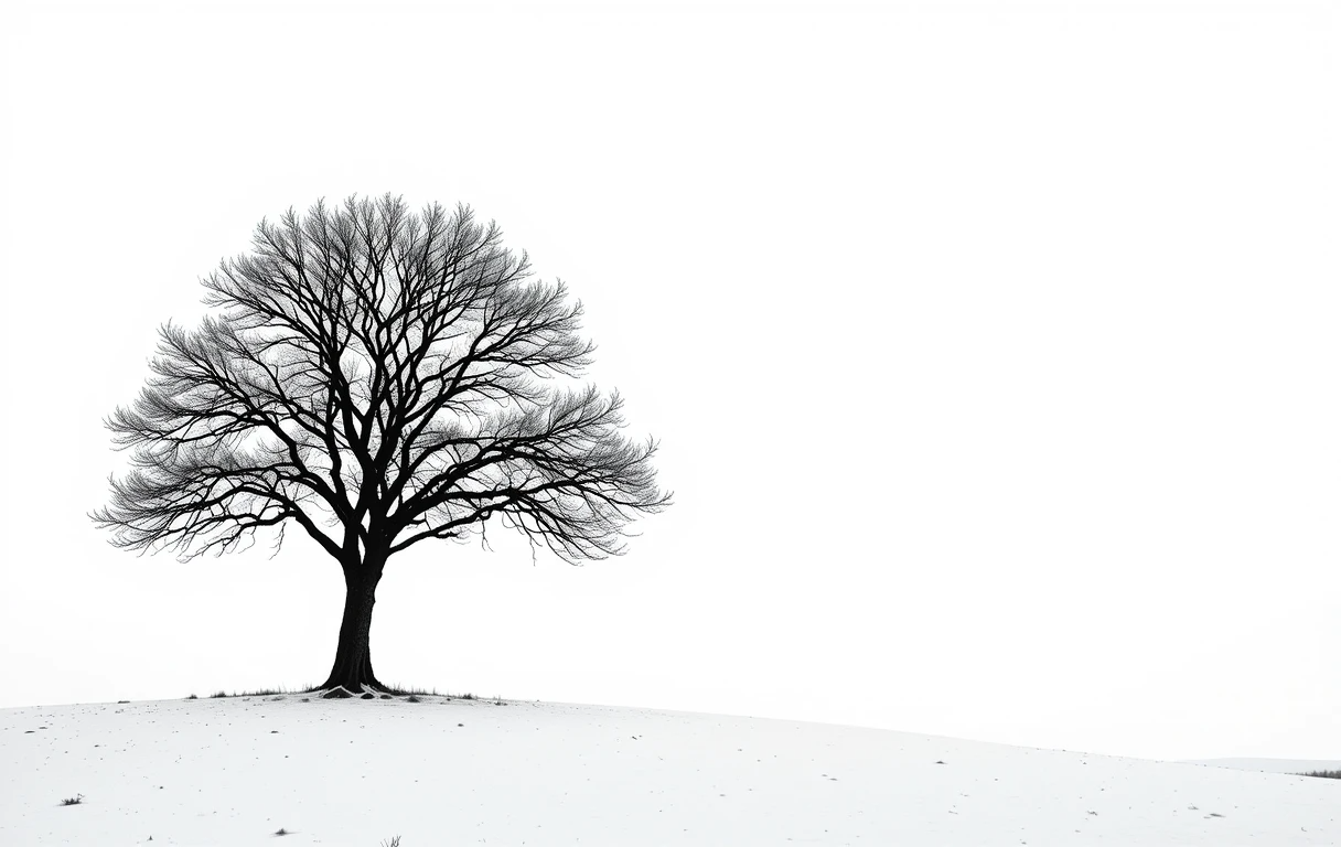 Monochrome Solitary Oak in Snowy Field Photography Print