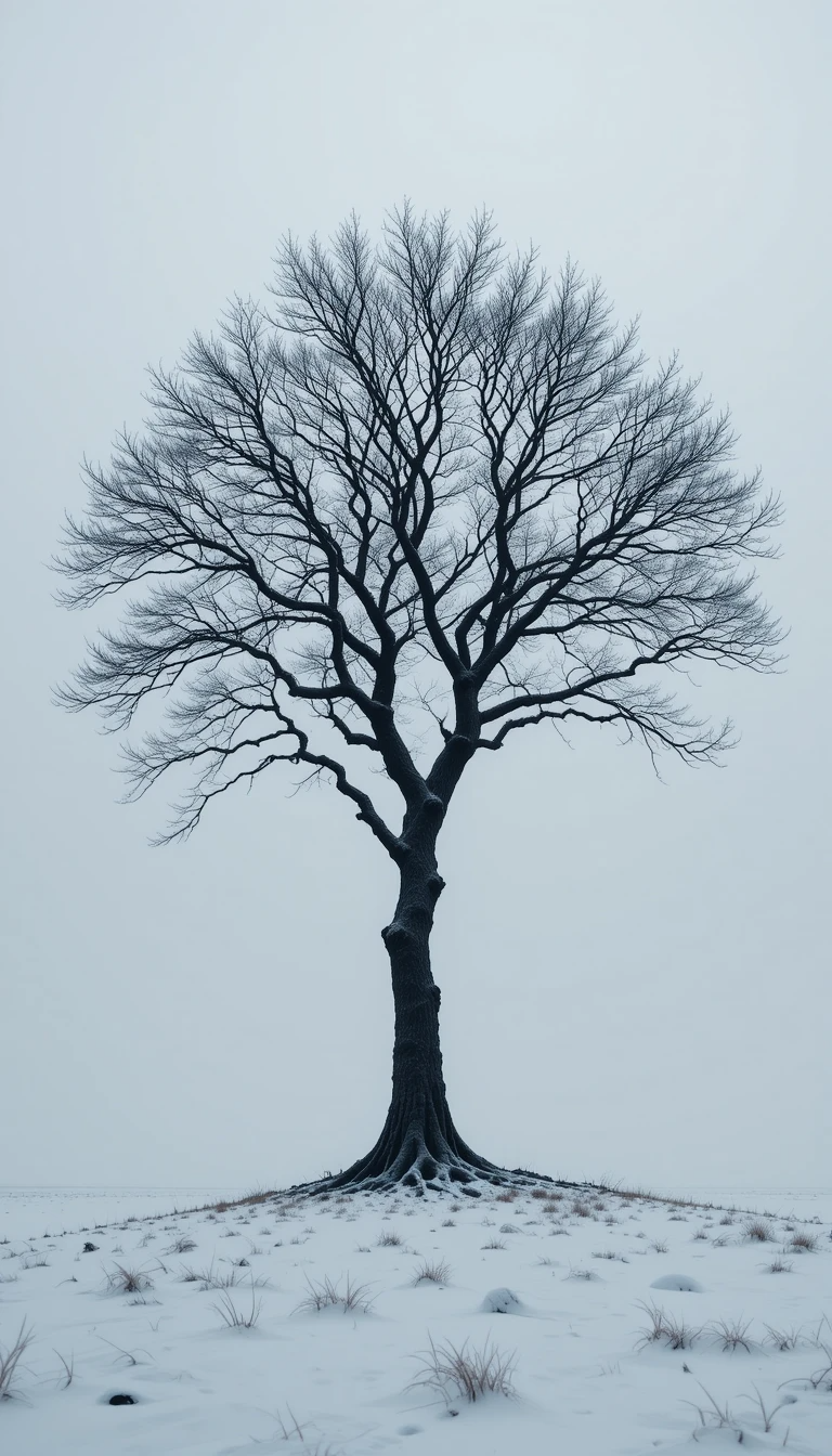 Monochrome Solitary Oak in Snowy Field Photography Print