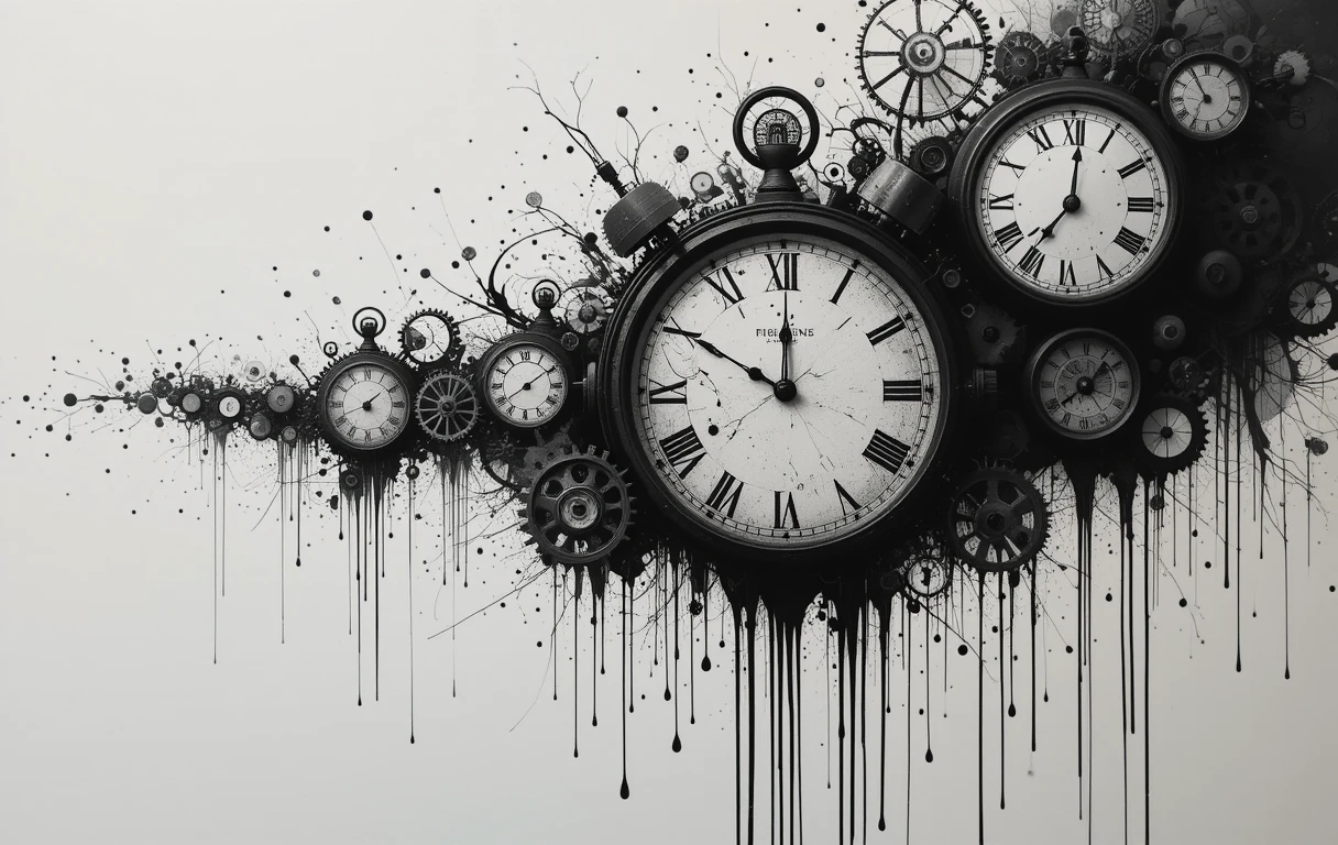 Black and White Dripping Gears and Watches Fine Art