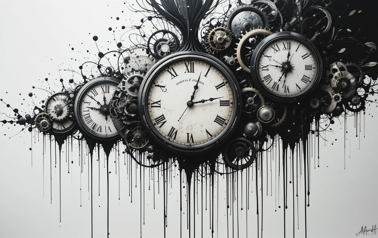 Black and White Dripping Gears and Watches Fine Art