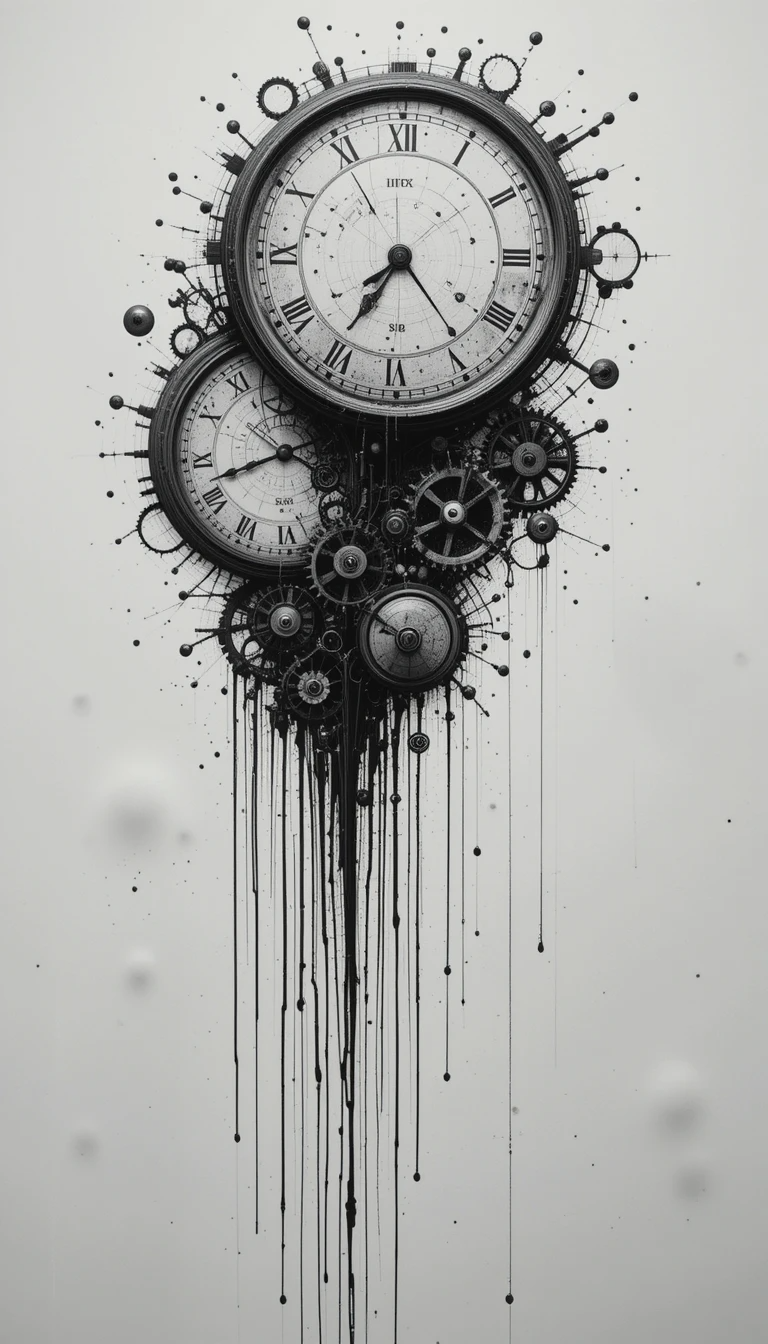 Black and White Dripping Gears and Watches Fine Art