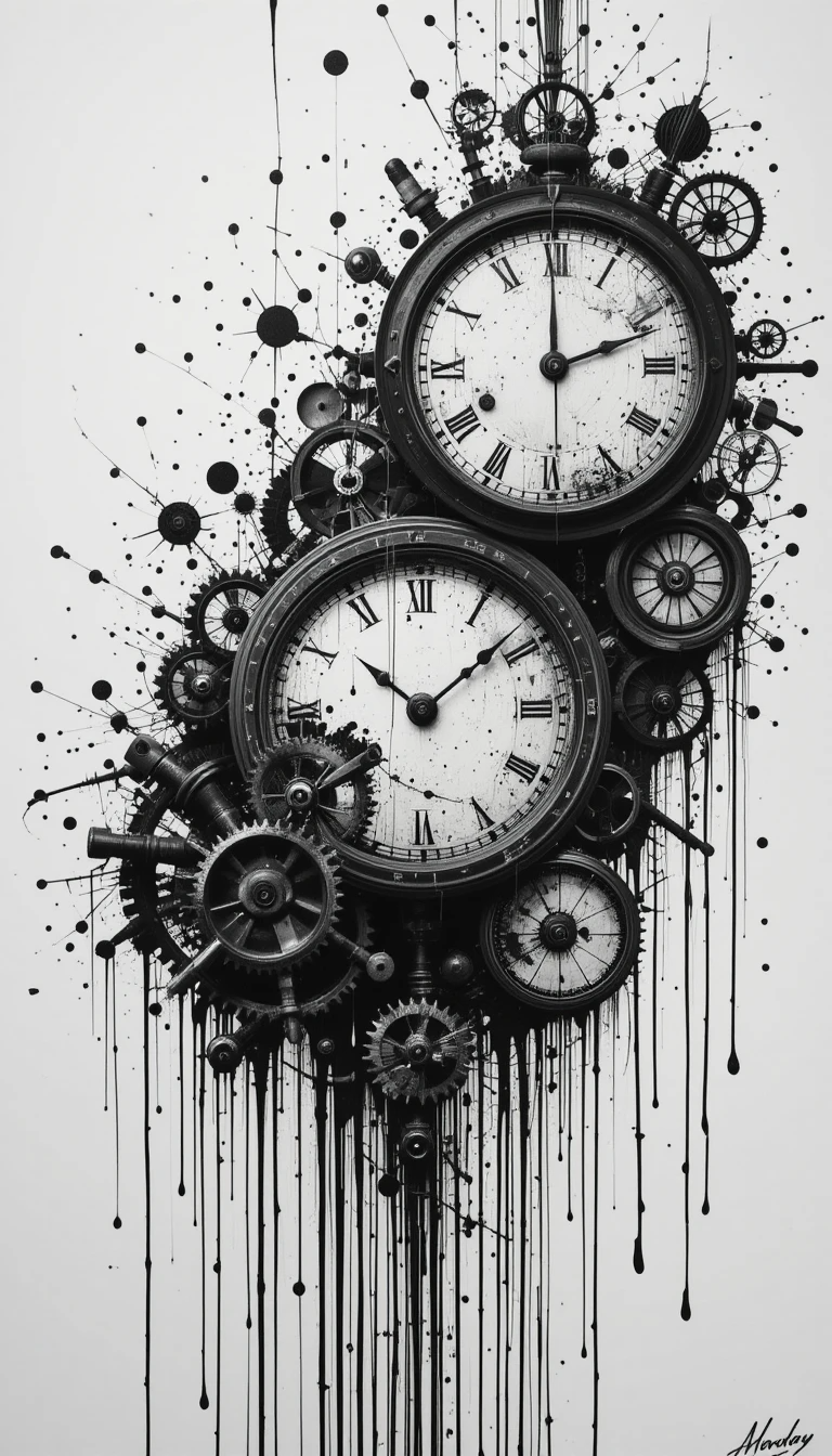 Black and White Dripping Gears and Watches Fine Art