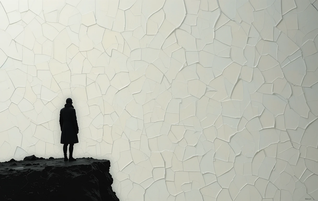 Black and White Minimalist Silhouette Against Textured Wall Print