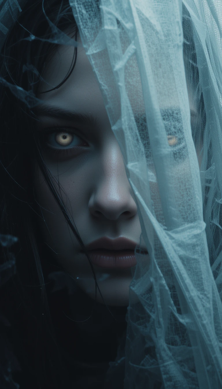 Veiled Enigma – Mysterious Woman with Golden Eyes Monochrome Portrait
