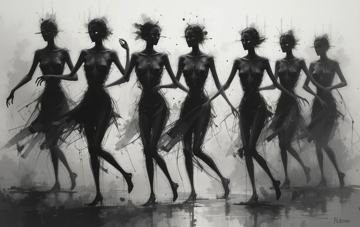 Monochrome Dancing Women Ink Splash Art Print
