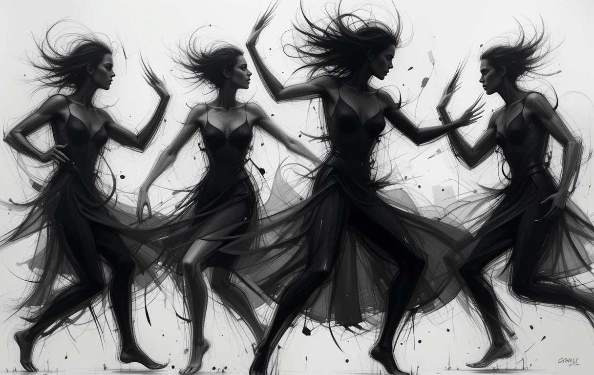 Monochrome Dancing Women Ink Splash Art Print