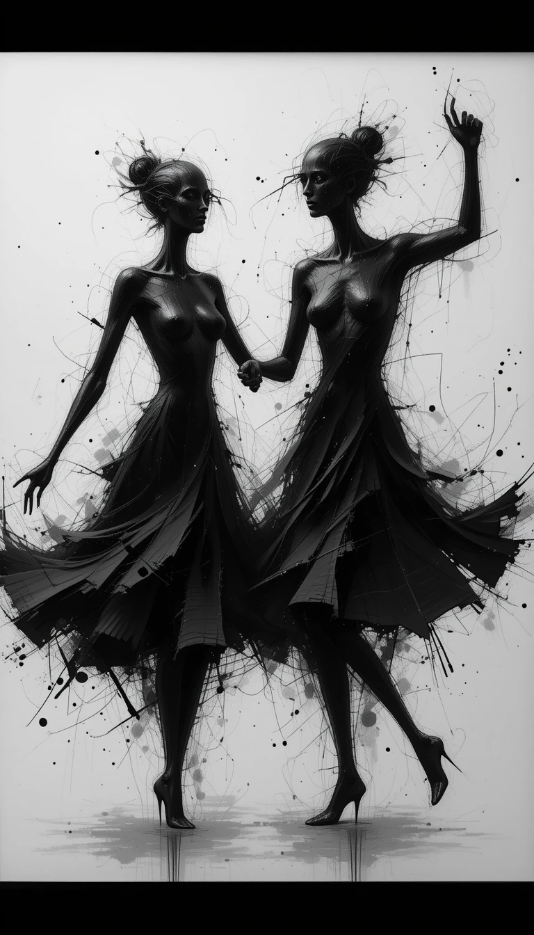 Monochrome Dancing Women Ink Splash Art Print