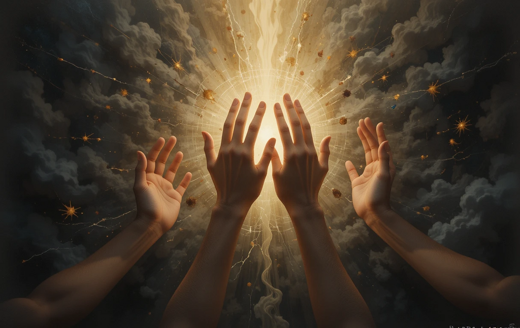 Hands Reaching for Light – Mystical Golden Burst Monochrome Art