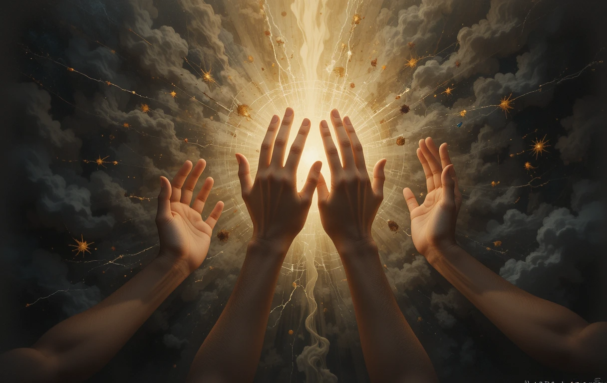 Hands Reaching for Light – Mystical Golden Burst Monochrome Art