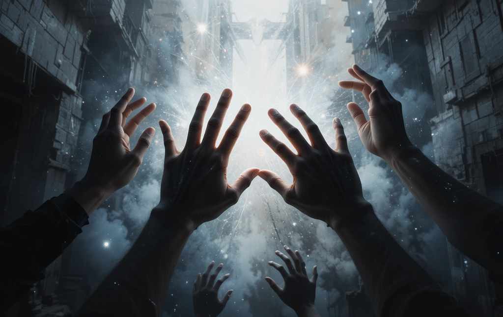 Hands Reaching for Light – Mystical Golden Burst Monochrome Art