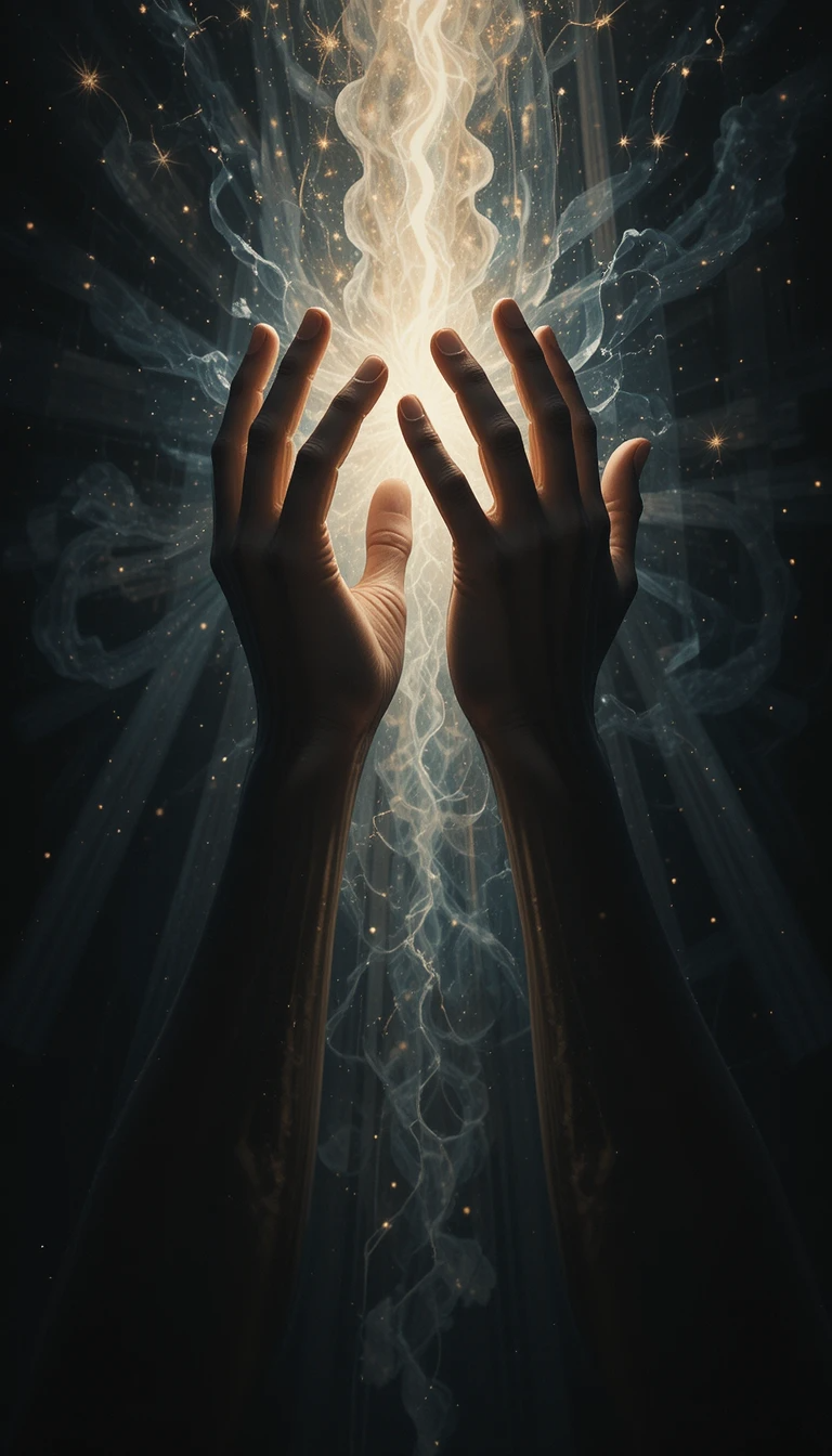 Hands Reaching for Light – Mystical Golden Burst Monochrome Art
