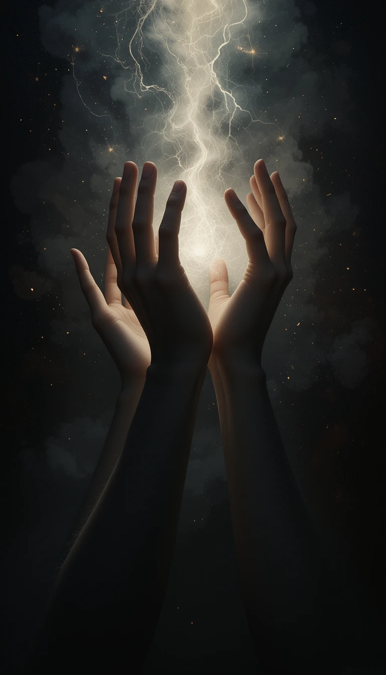 Hands Reaching for Light – Mystical Golden Burst Monochrome Art