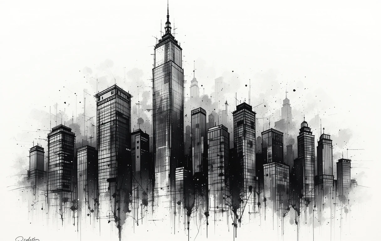 Black and White New York Skyscrapers Splatter Print