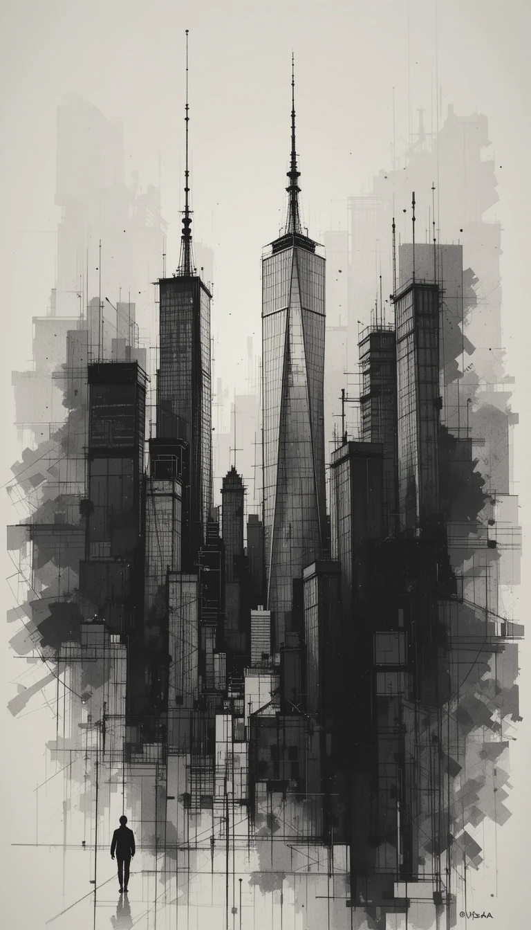Black and White New York Skyscrapers Splatter Print