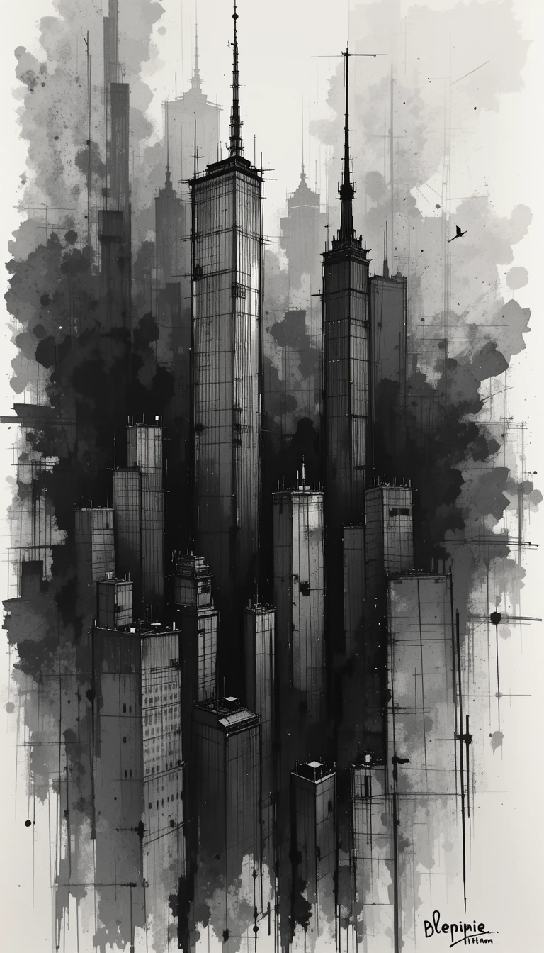 Black and White New York Skyscrapers Splatter Print