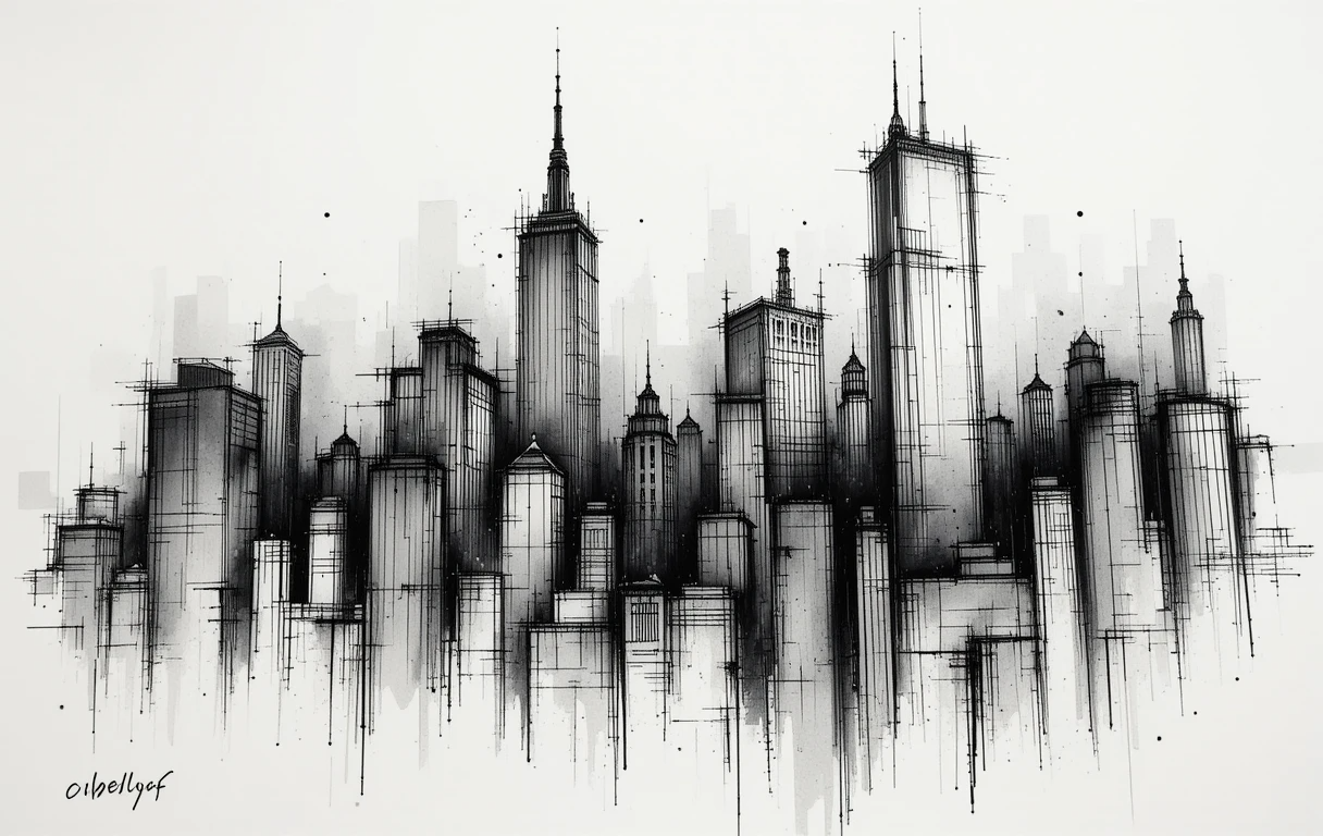 Black and White New York Skyscrapers Splatter Print