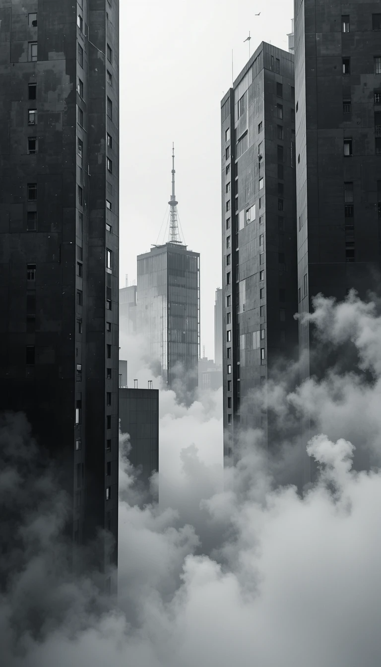 Sharp pointed skyscraper in clouds