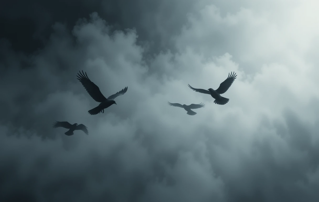 Birds flying in cloudy sky