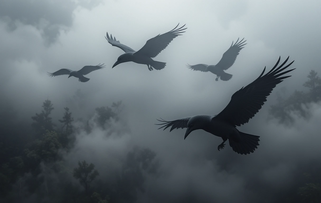 Birds flying in cloudy sky