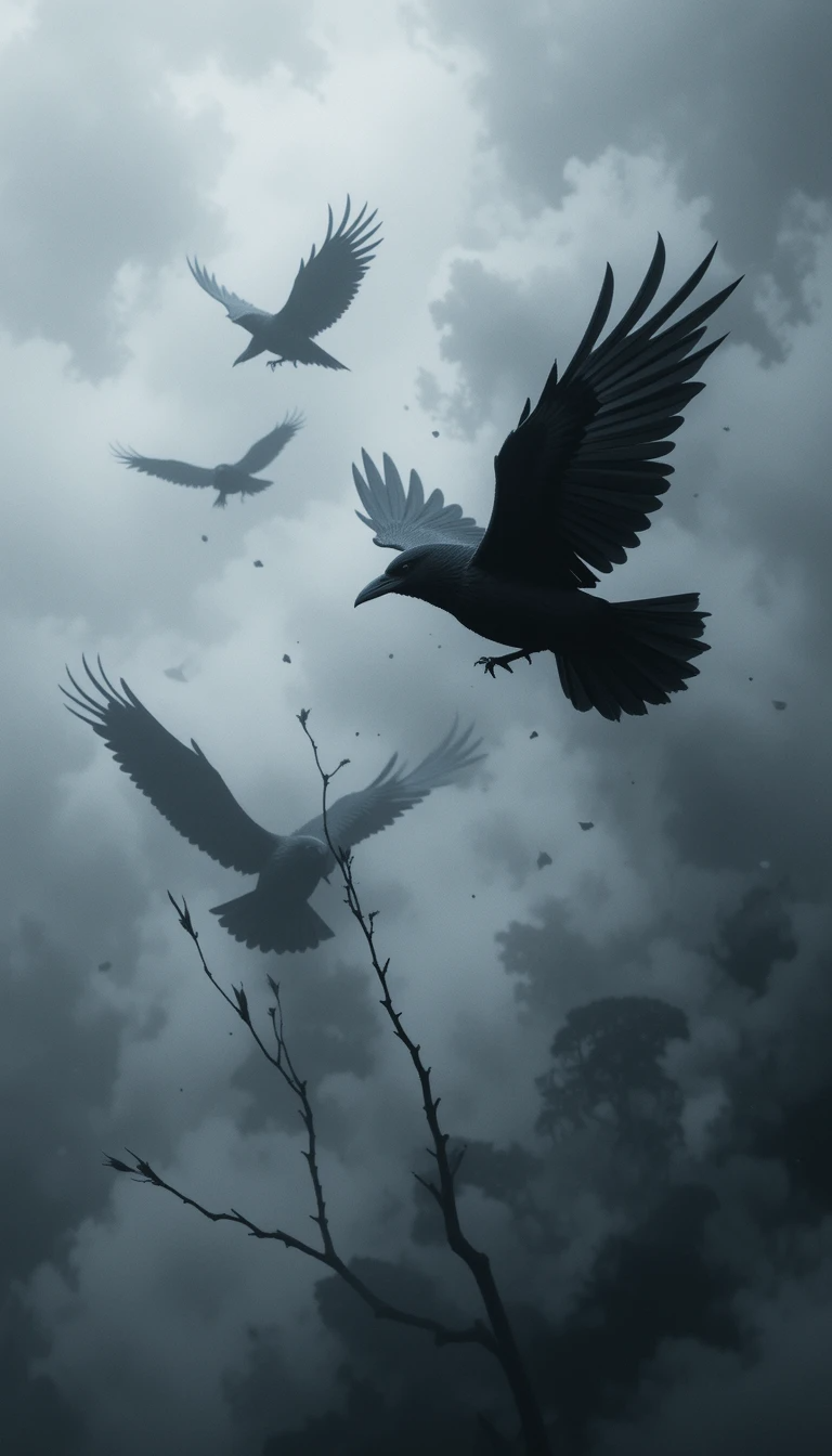 Birds flying in cloudy sky