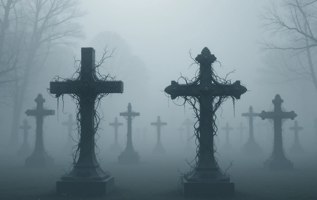 Foggy graveyard with crosses
