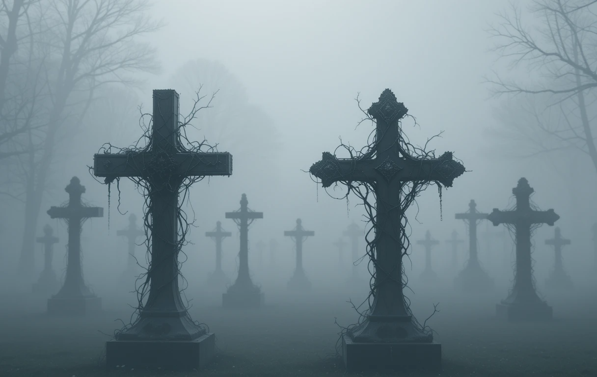 Foggy graveyard with crosses