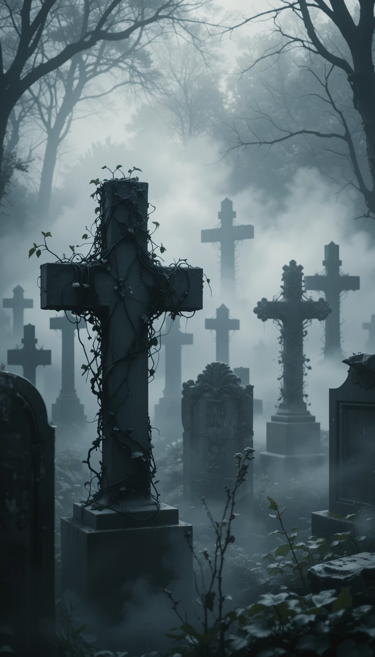 Foggy graveyard with crosses