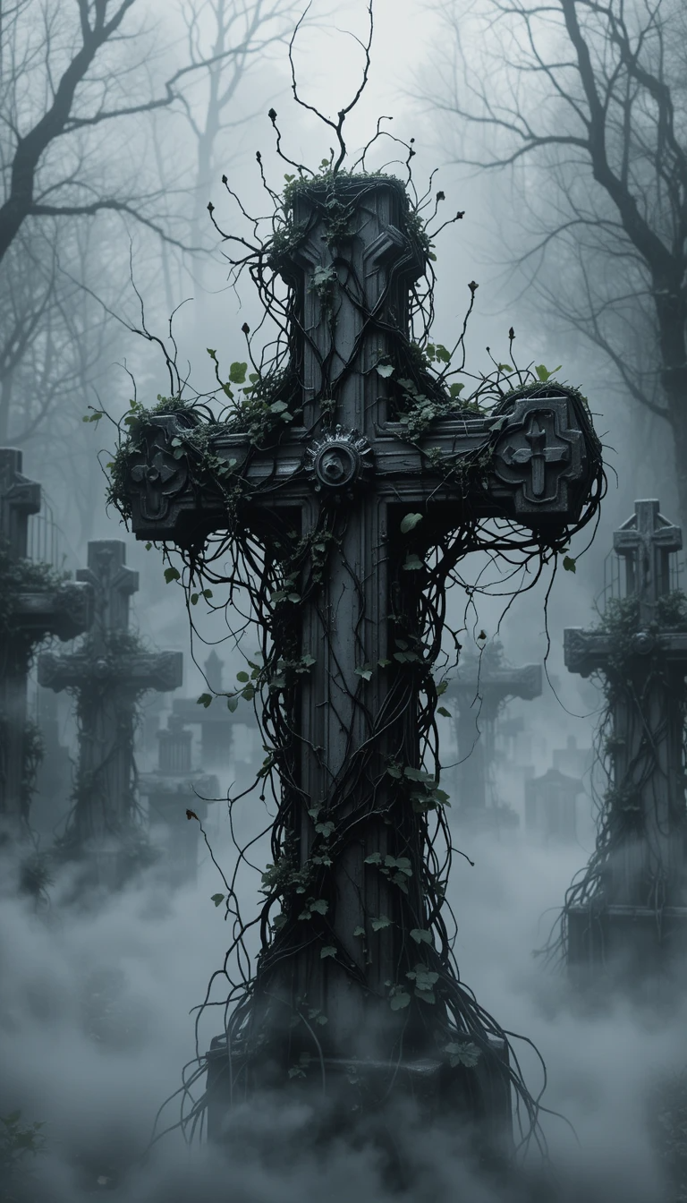 Foggy graveyard with crosses