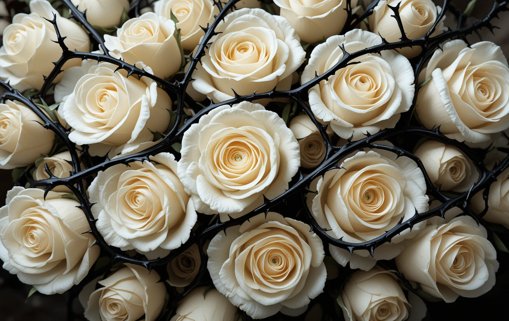 White roses with black thorns