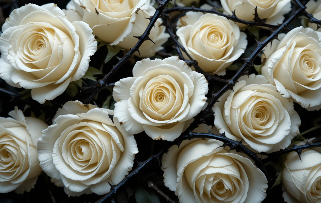 White roses with black thorns