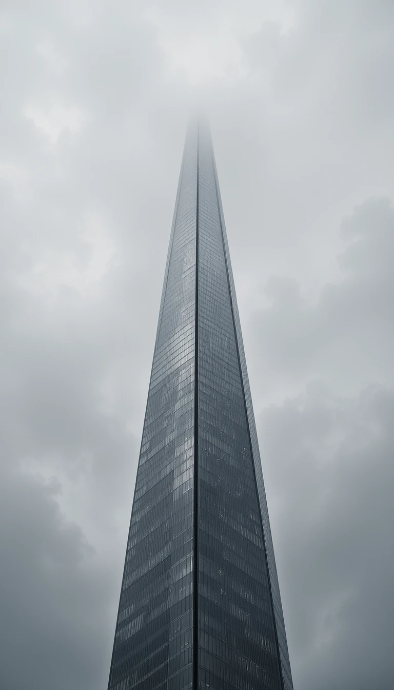 Brutalist concrete buildings in fog