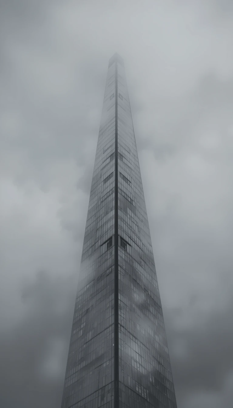 Brutalist concrete buildings in fog