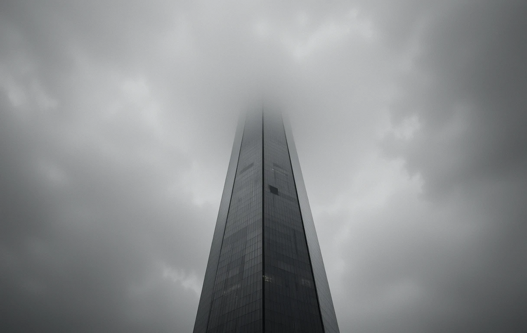Brutalist concrete buildings in fog