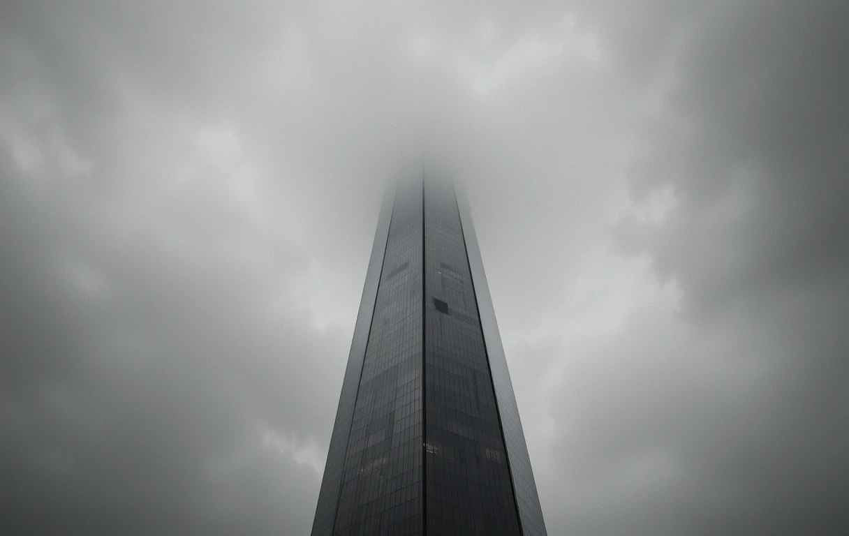 Brutalist concrete buildings in fog