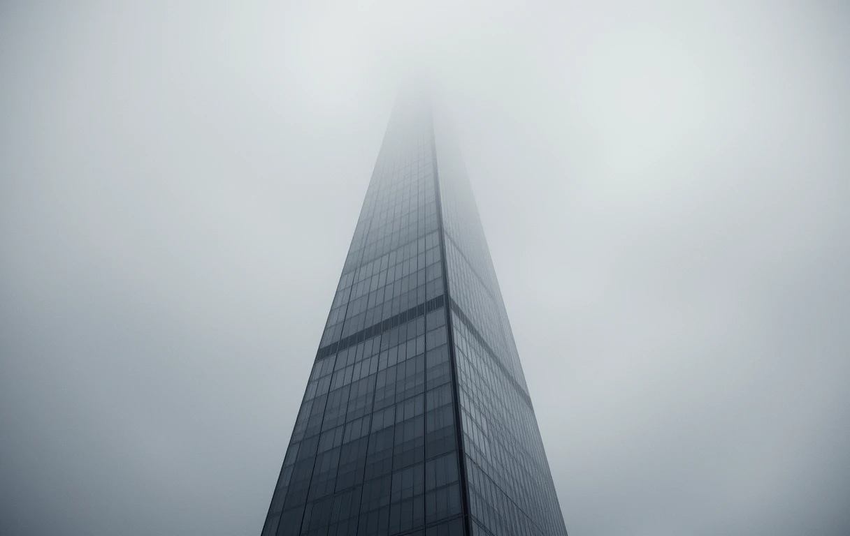 Brutalist concrete buildings in fog