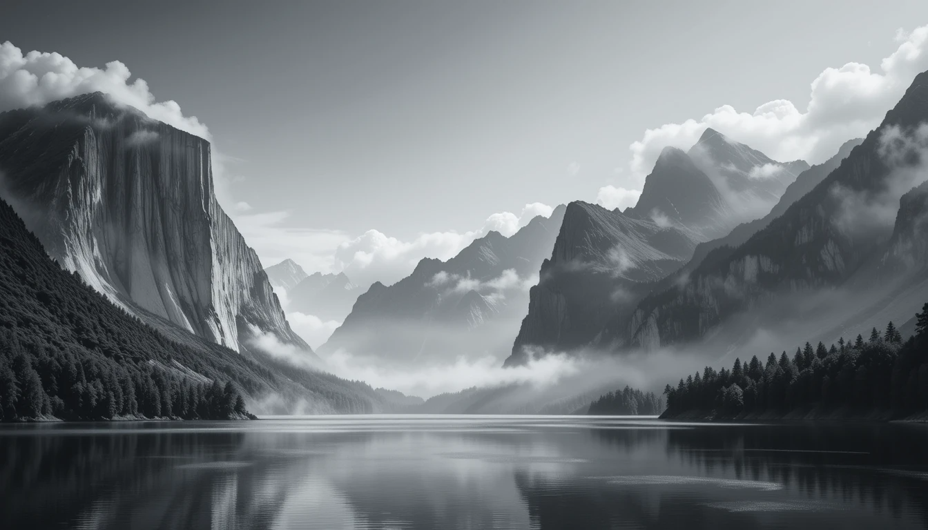 Dramatic Mountain Lake Reflection - Black and White Landscape Fine Art Poster