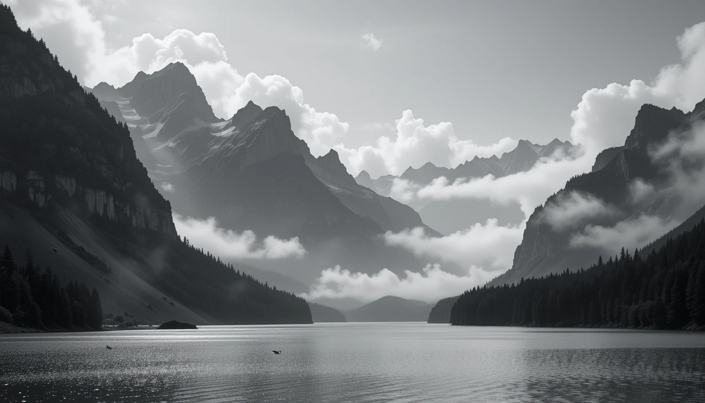 Dramatic Mountain Lake Reflection - Black and White Landscape Fine Art Poster