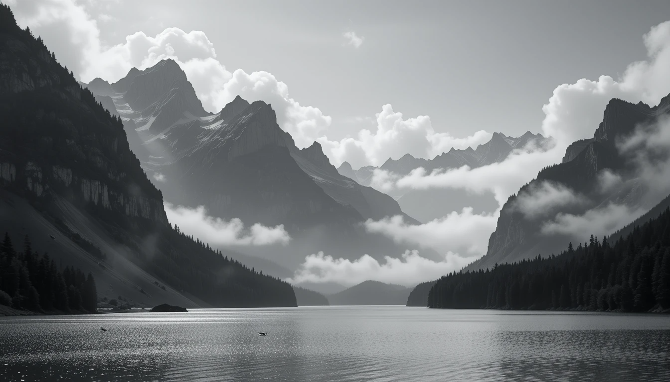 Dramatic Mountain Lake Reflection - Black and White Landscape Fine Art Poster