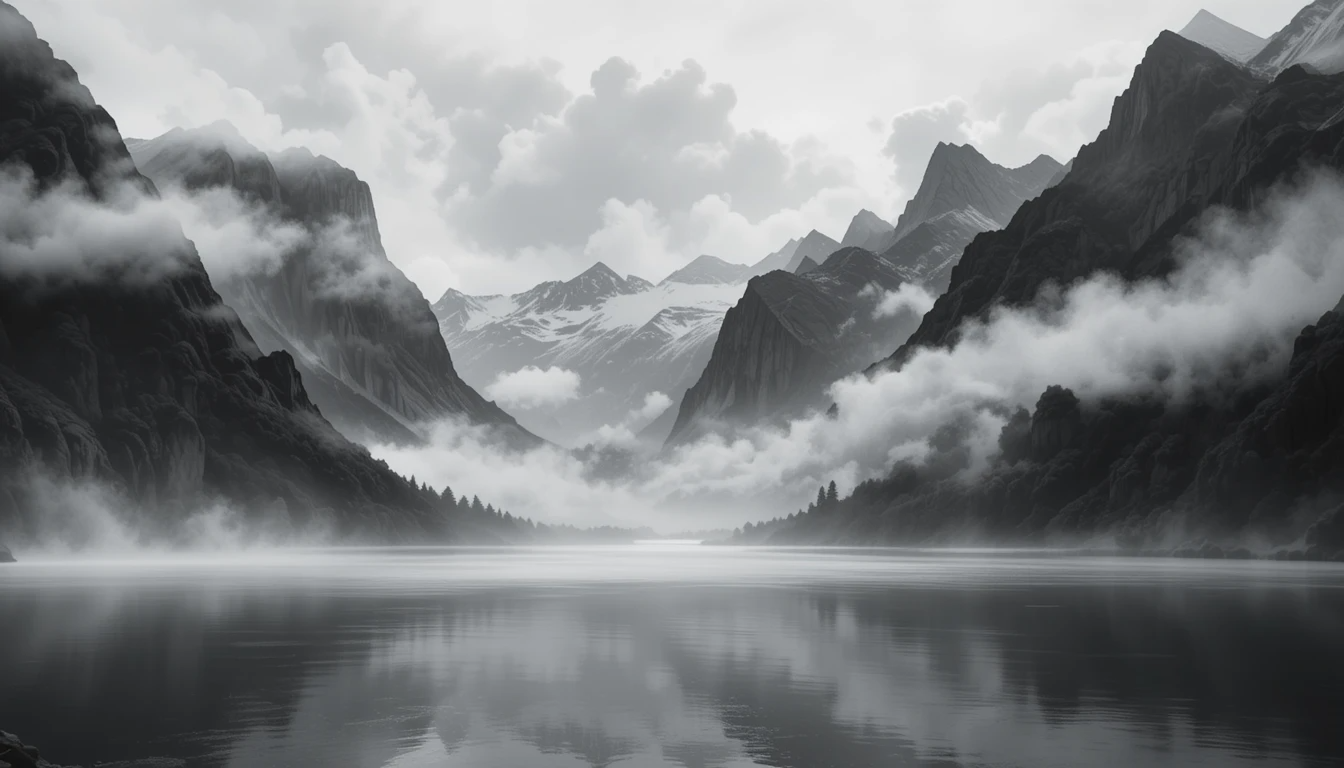 Dramatic Mountain Lake Reflection - Black and White Landscape Fine Art Poster
