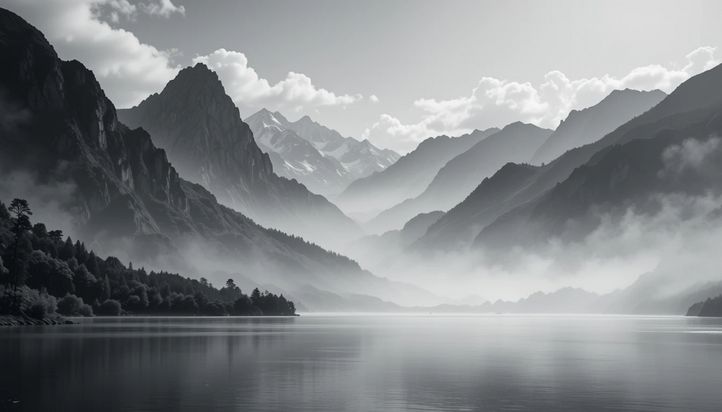 Dramatic Mountain Lake Reflection - Black and White Landscape Fine Art Poster