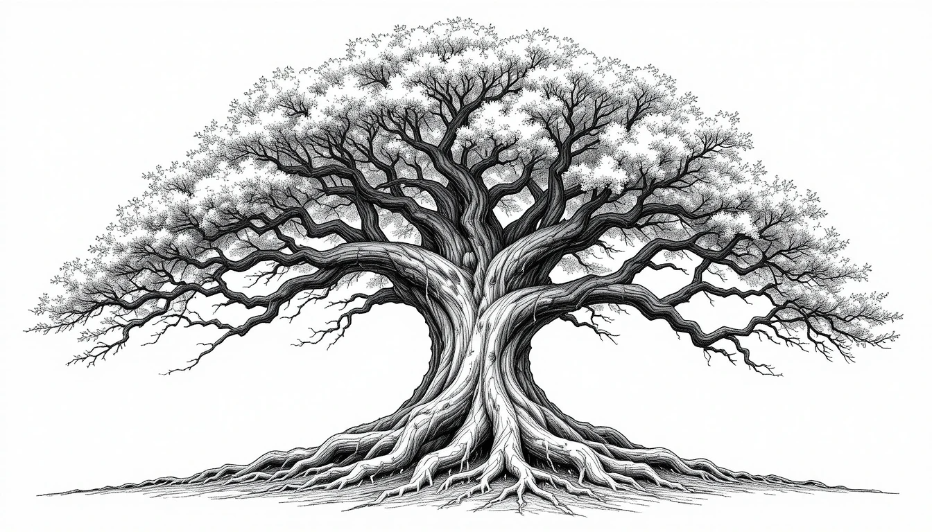 Ancient Majestic Oak Tree Illustration - Detailed Black and White Botanical Wall Art