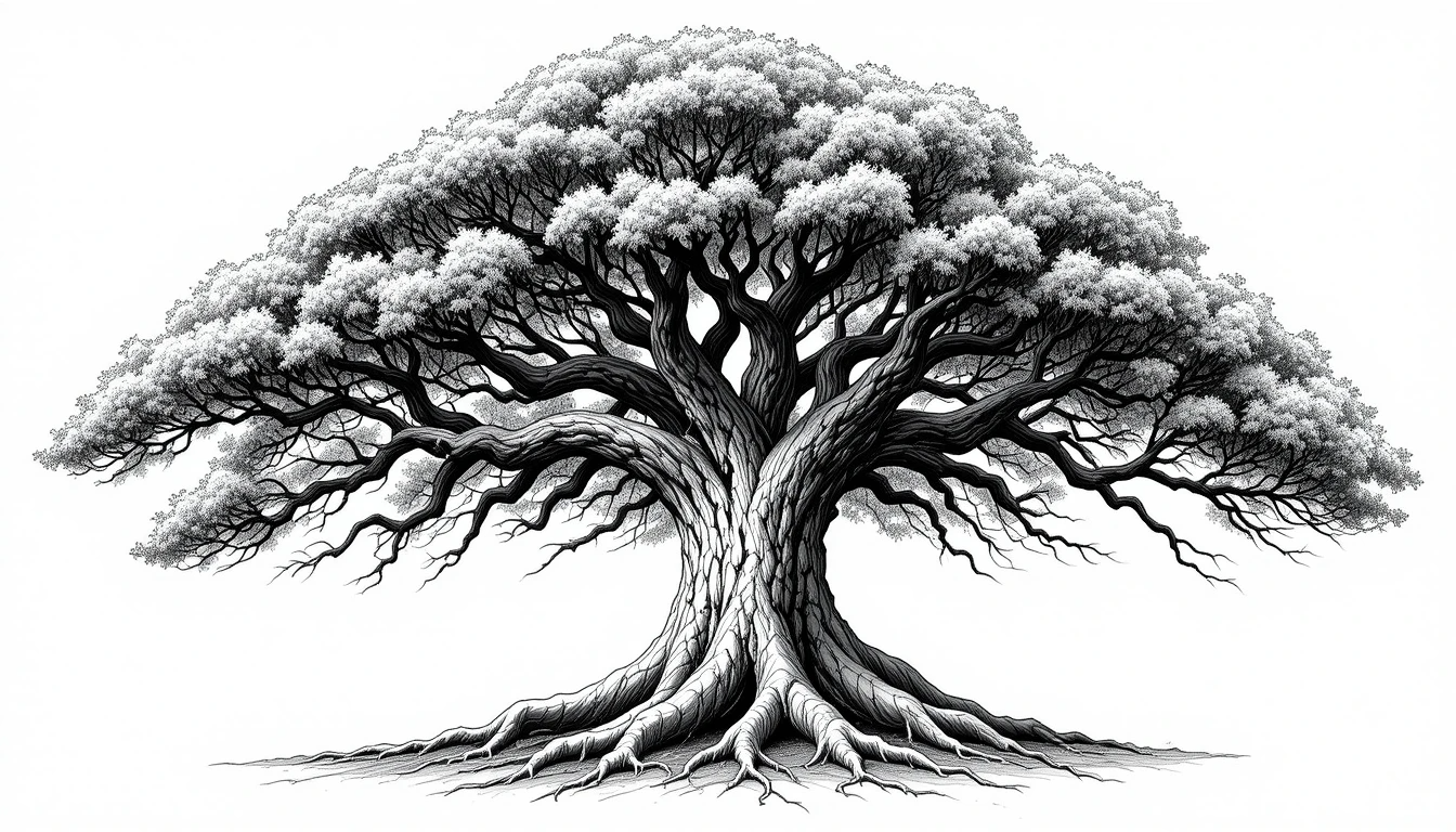 Ancient Majestic Oak Tree Illustration - Detailed Black and White Botanical Wall Art