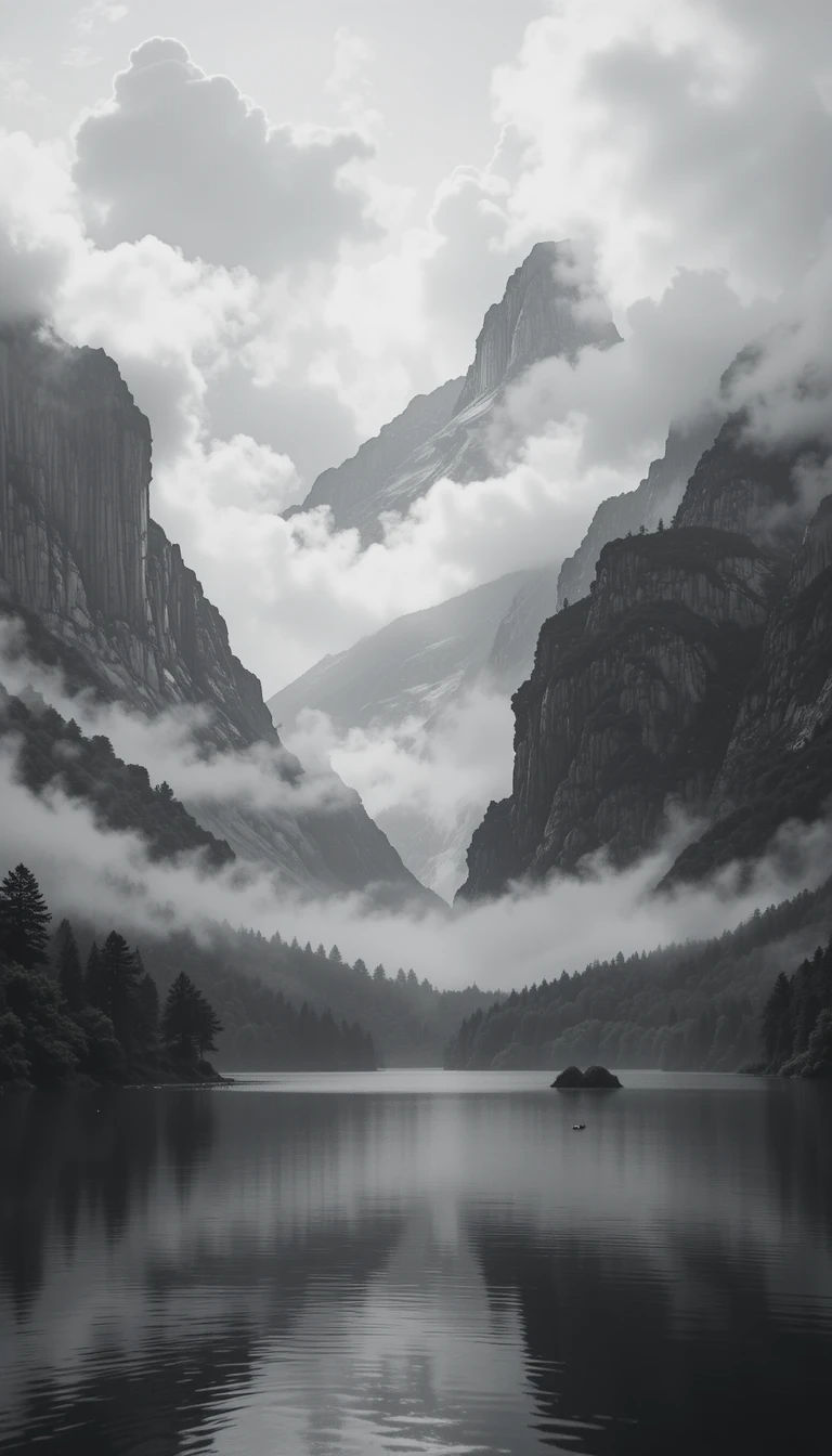 Dramatic Mountain Lake Reflection - Black and White Landscape Fine Art Poster