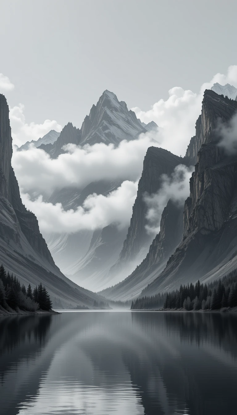 Dramatic Mountain Lake Reflection - Black and White Landscape Fine Art Poster