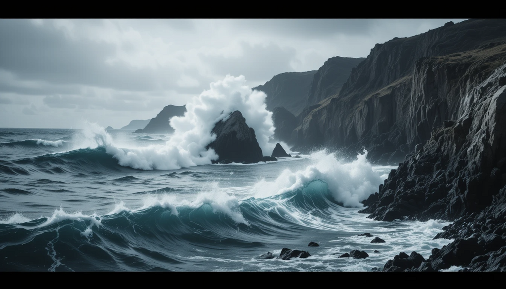 Powerful Ocean Waves Crashing on Rocks - Moody Black and White Seascape Photography