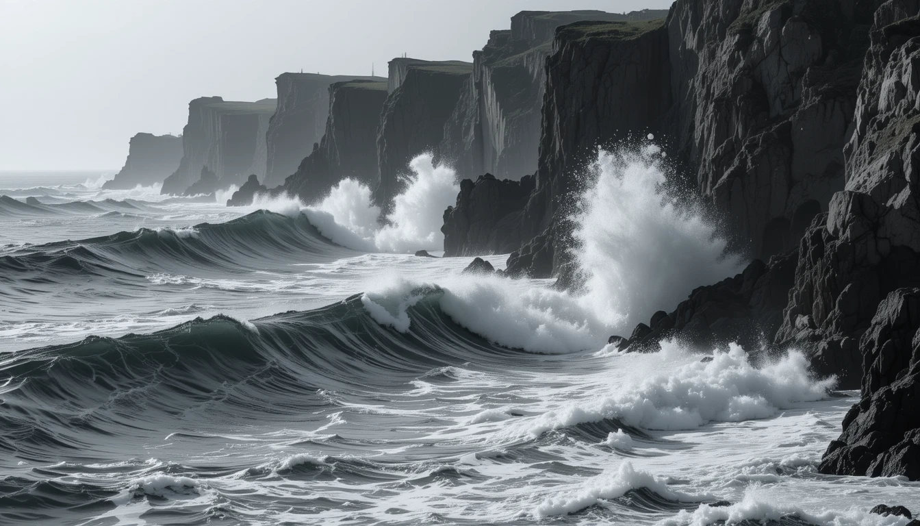 Powerful Ocean Waves Crashing on Rocks - Moody Black and White Seascape Photography